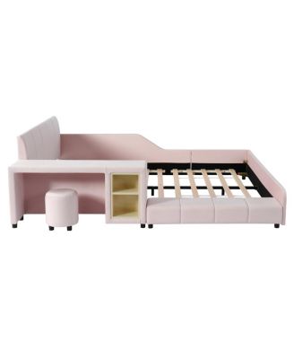  Queen Size Upholstered Grounded Bed with Bedside Desk and Stool