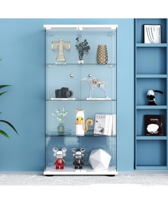 Glass Display Cabinet 4-Shelf 2 Doors with LED Light Lockable White