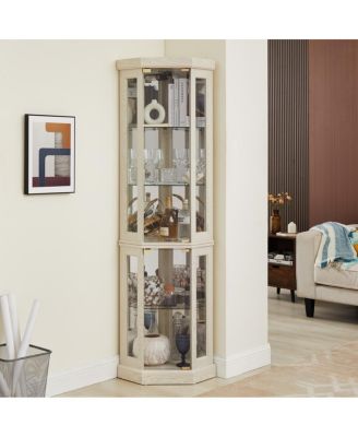 Streamdale Corner Glass Cabinet Lighted Curio Display Case for Living Room, Antique White.