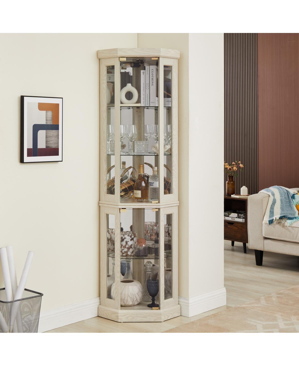 Streamdale Corner Glass Cabinet Lighted Curio Display Case for Living Room, Antique White.