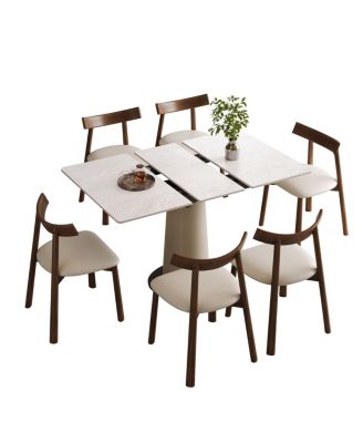 Retractable Rock Slab Dining Table Set, 7-Piece Expandable Table with 6 Chairs & Leather Base