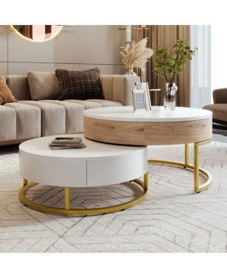 Modern Round Lift-top Nesting Coffee Tables with 2 Drawers