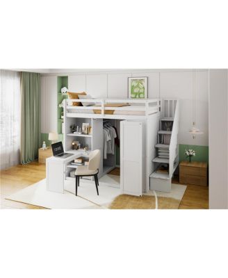 Full Size Loft Bed with Wardrobe, Desk and Shelves