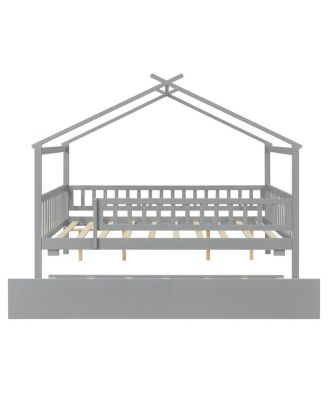 Full Size Wooden House Bed with Twin Size Trundle