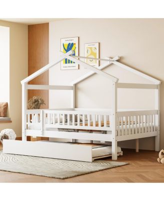 Full Size Wooden House Bed with Twin Size Trundle