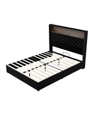 Queen Size Velvet Tufted Bed Frame with USB & Night Light