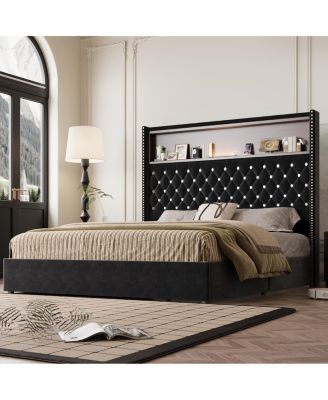 Queen Size Velvet Tufted Bed Frame with USB & Night Light