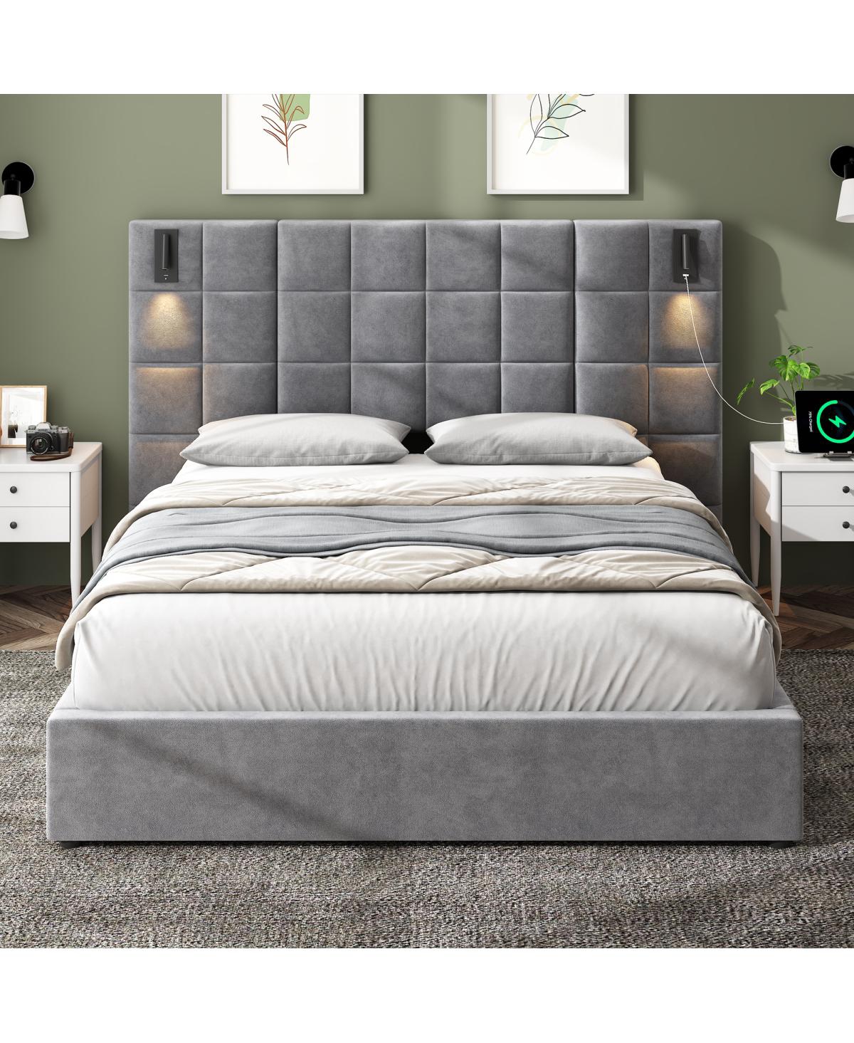 Streamdale Furniture Queen Size Velvet Upholstered Bed Frame with Usb Port