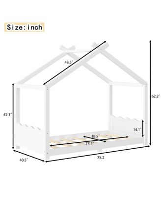 Twin House Floor Bed with Slats, Solid Wood House Bed Frame for Kids, White