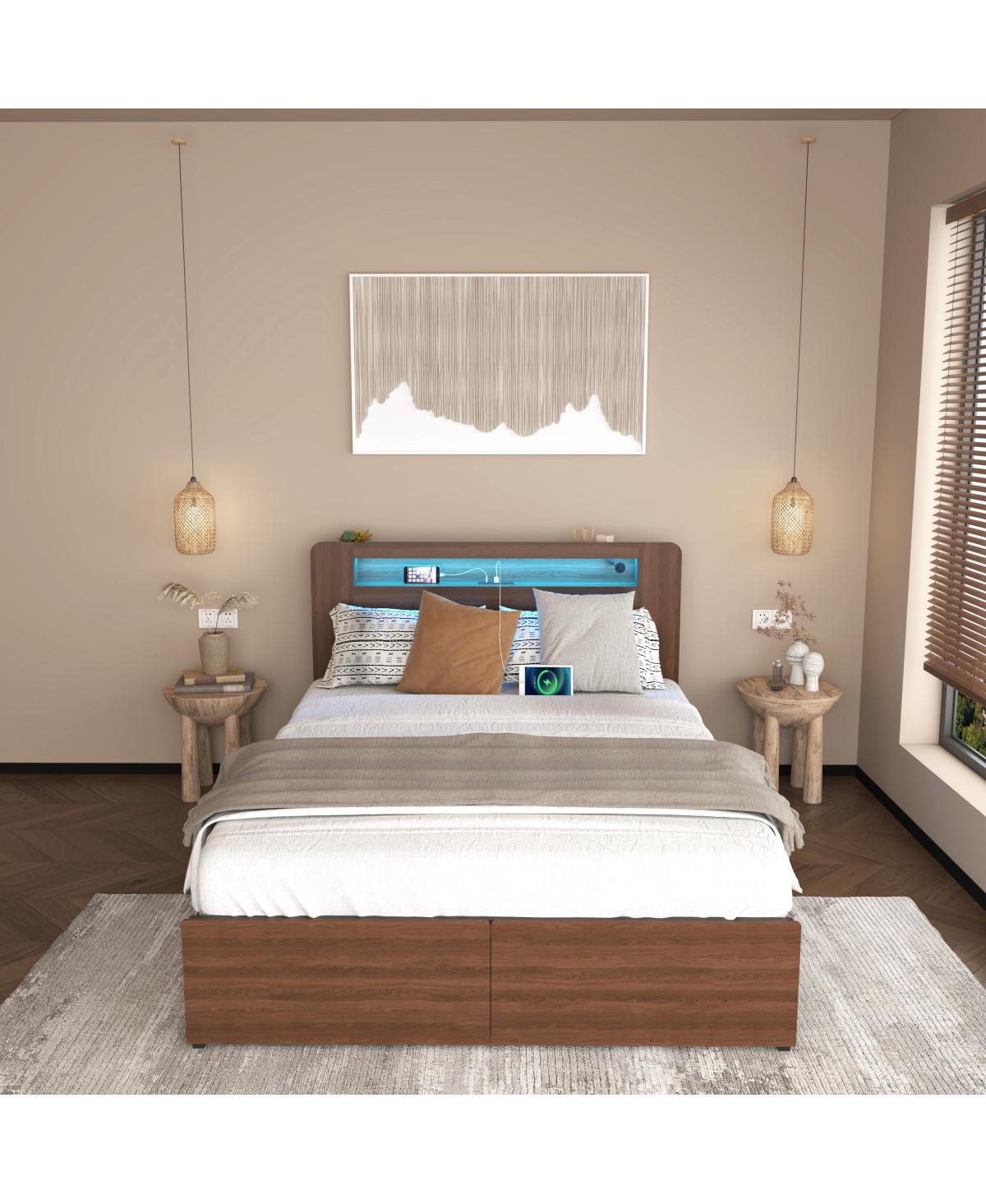 Streamdale Furniture Wood Platform Bed Frame Full Size with Storage Drawers & Led Headboard