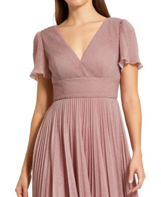 Women's Pleated Metallic Flutter Sleeve V-Neck A-Line Gown