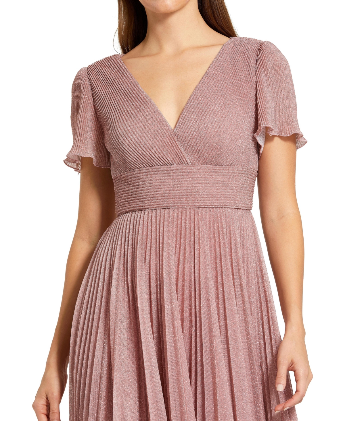 Mac Duggal Women's Pleated Metallic Flutter Sleeve V-Neck A-Line Gown