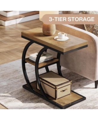 End Table for Living Room Set of 2, 3-Tier Narrow Wood Couch C-Shaped Side Table with Storage, Industrial Nightstand