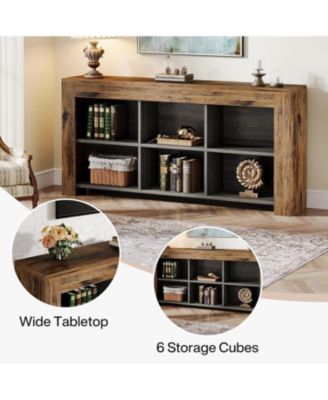 63-Inch Long Console Table, Rustic Wood Entryway Table with 6 Storage Cubes, Industrial Narrow Sofa Table Behind Couch Table