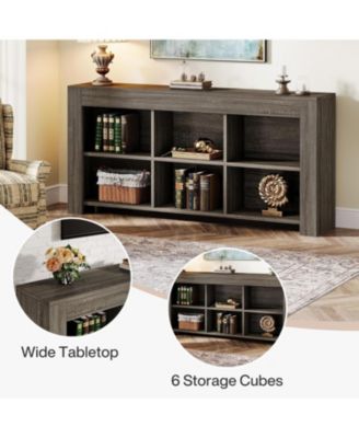 63-Inch Long Console Table, Rustic Wood Entryway Table with 6 Storage Cubes, Industrial Narrow Sofa Table Behind Couch Table