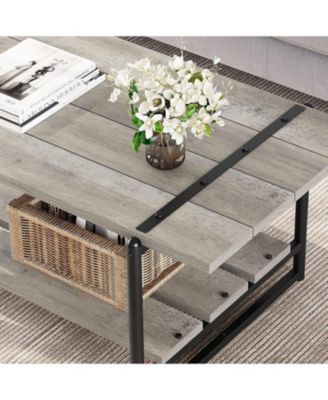 41" Large 2-Tier Gray Wood Coffee Table with Storage Shelf - Farmhouse Modern Rustic Metal Rectangle Center Living Room Coffee Table