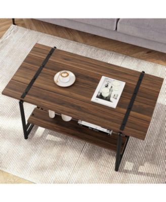 41" Large 2-Tier Gray Wood Coffee Table with Storage Shelf - Farmhouse Modern Rustic Metal Rectangle Center Living Room Coffee Table