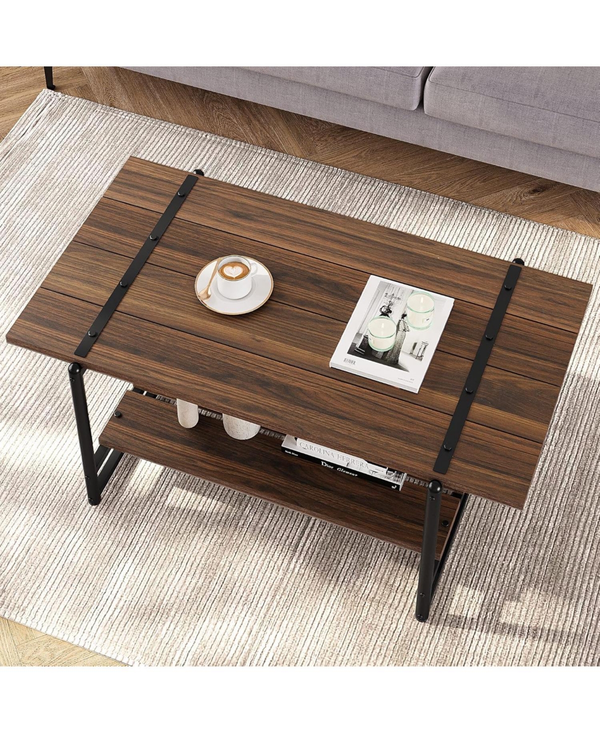 gaomon 41" Large 2-Tier Gray Wood Coffee Table with Storage Shelf - Farmhouse Modern Rustic Metal Rectangle Center Living Room Coffee Table