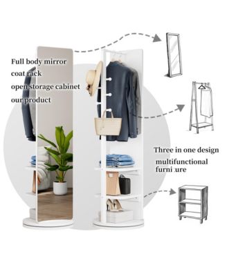 360&deg; Rotating 69"x16" Multifunctional Full-Length Mirror with Hook Storage Rack Coat Rack with Mirror Solid Wood Floor Mirror