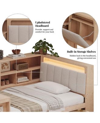 Twin L-shaped Wooden Daybed with Desk, Storage, LED Light