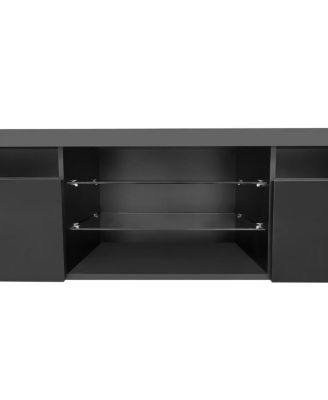 Design TV Stand w/ 2 Glass Shelves, Storage, LED Lights
