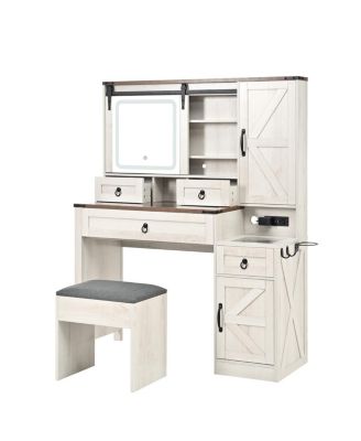 Farmhouse Vanity Desk with Sliding Mirror, Lights, Charging