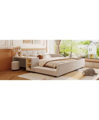 Upholstered Grounded Bed with Bedside Desk & Stool