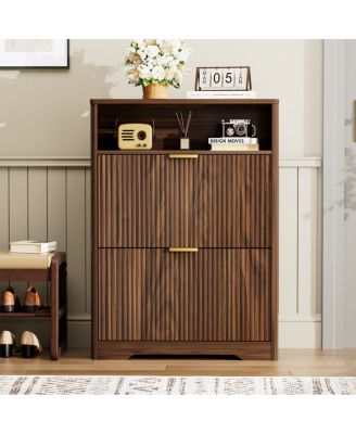 Shoe Cabinet Storage with 2 Flip Drawers, Walnut, 31.6" L x 9.6" W x 40" H