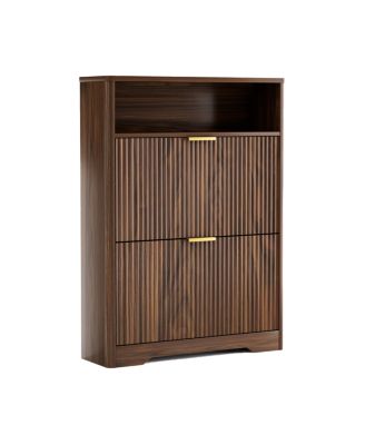 Shoe Cabinet Storage with 2 Flip Drawers, Walnut, 31.6" L x 9.6" W x 40" H