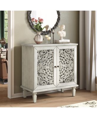 Vintage Carved 2-Door Accent Cabinet with Floral Design (Antique Gray White