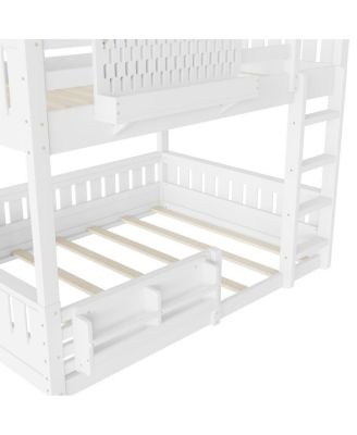 Streamdale Queen Bunk Bed with Ladder and Guardrails, Pegboard and bookshelf, White
