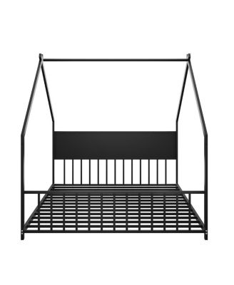 Full Size House Bed with Roof, Colorful Lights, Metal Frame