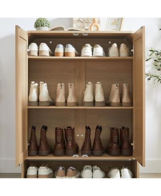 Streamdale Rattan Shoe Cabinet with Doors, 6-Tier Adjustable Shelves, Oak, 31.5"W x 13.8"D x 41"H.