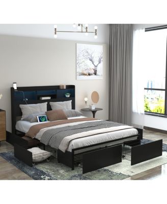 Full Bed Frame with 6 Storage Drawers, Headboard, LED & Charging Station