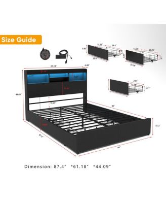 Queen Bed Frame with 6 Storage Drawers, LED, Charging Station, Black