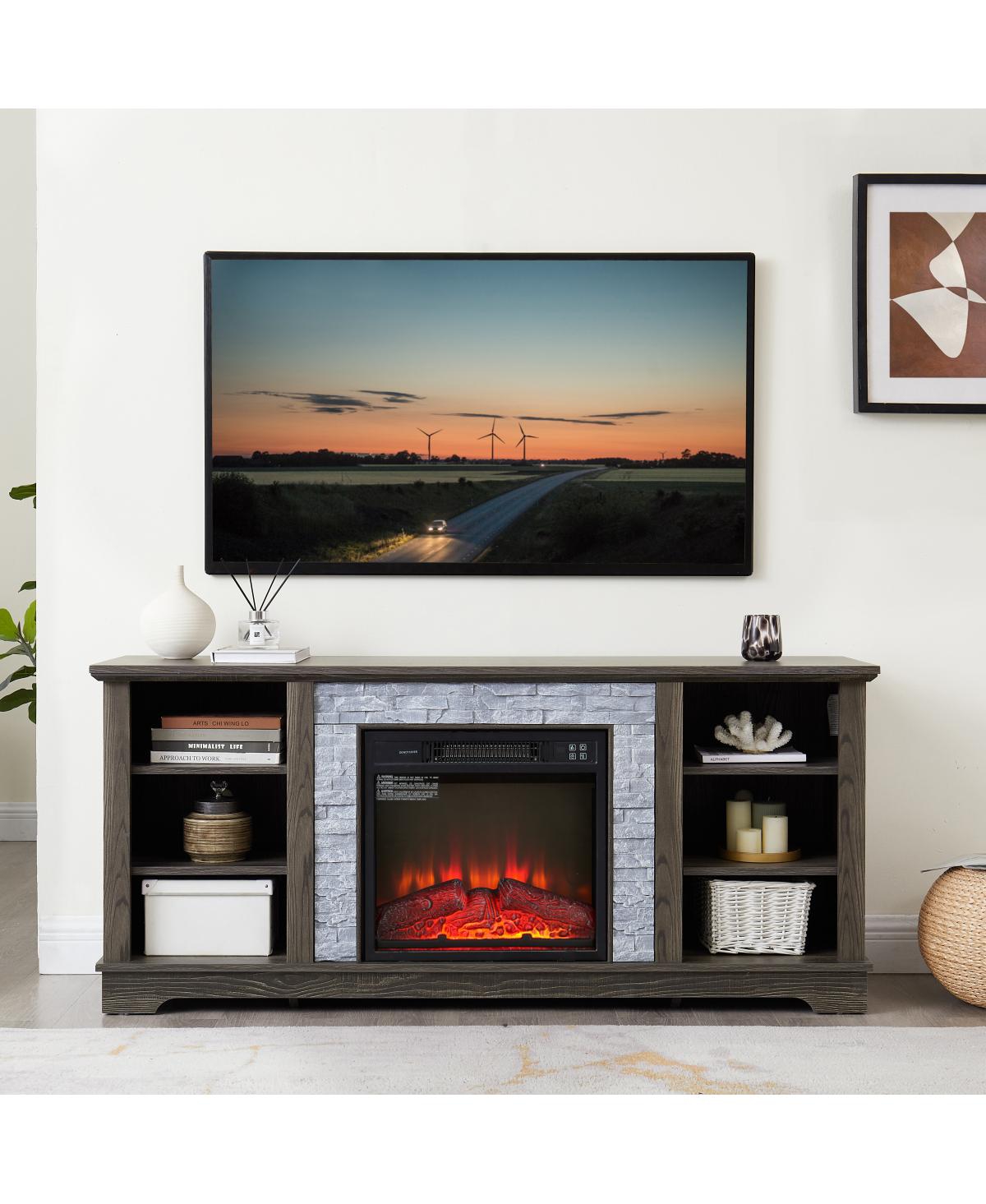 Streamdale Furniture Electric Fireplace Stone Tv Media Stand with Faux Stacked Stone Surround, Gray, 58.31"W