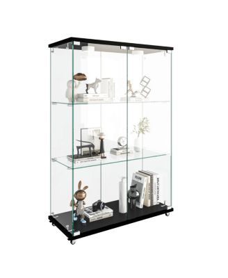 Modern LED Glass Display Cabinet, 2-door 3-shelf, Transparent+Black
