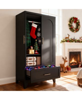 60" Tall Metal Wardrobe Cabinet with Drawer, Rod, Shelf, 2 Doors