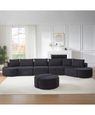 Modular Chenille Sofa Set with 6 Pillows, 4 Footstools