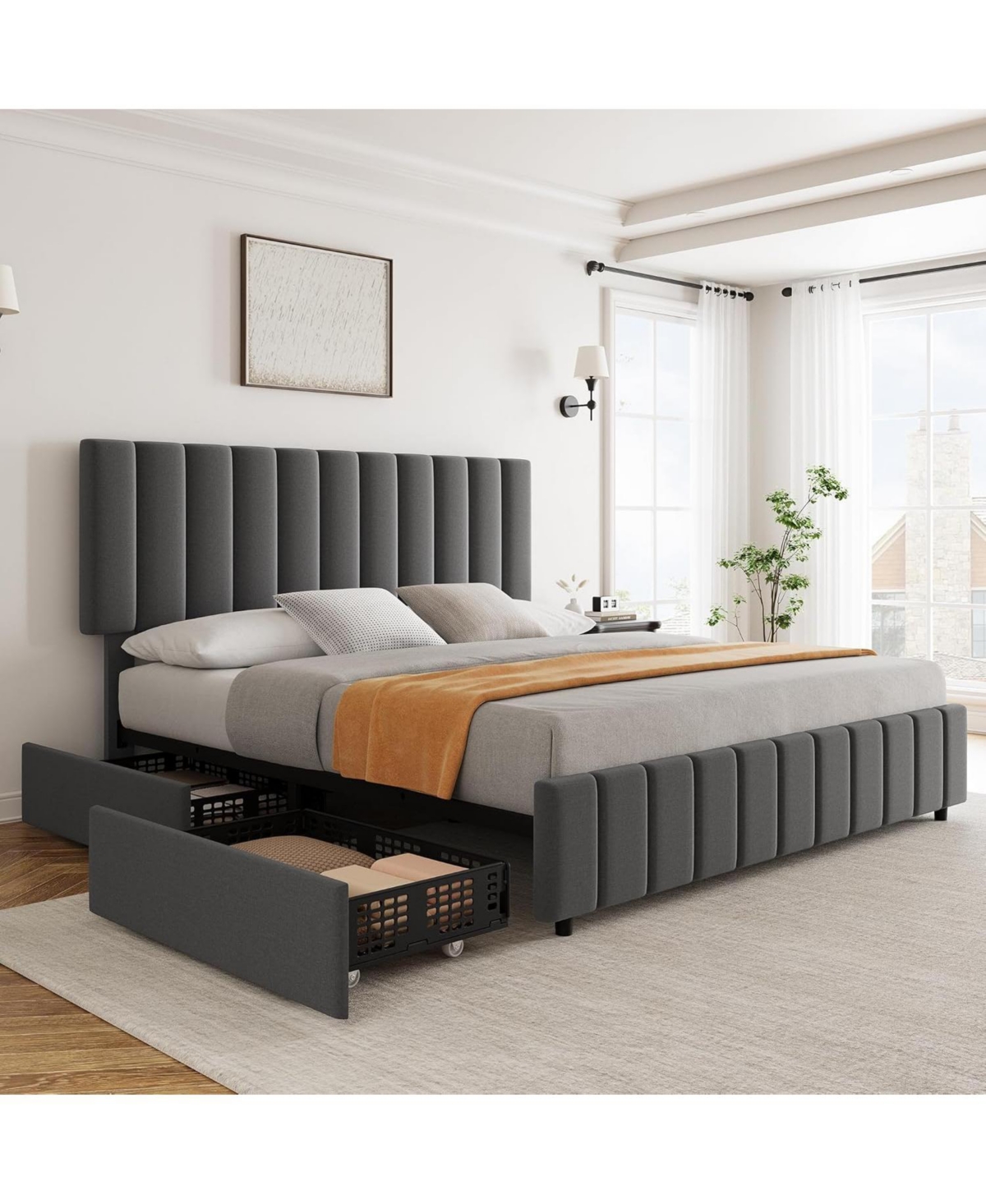 gaomon Upholstered Platform Bed Frame with 4 Drawers, Button Tufted Headboard/Footboard, Sturdy Metal Support, No Box Spring Required