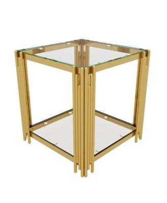 Modern Black Mirror End Table with Gold Finish & Lower Shelf, 19.9