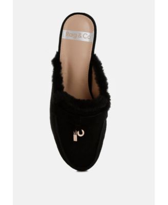 Womens Bosnia Suede & Faux Fur Slip On Mules