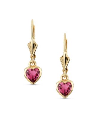 Petite 14K Yellow Gold Bezel Set Ruby Red Tourmaline Heart Dangle Earrings Lever-Back