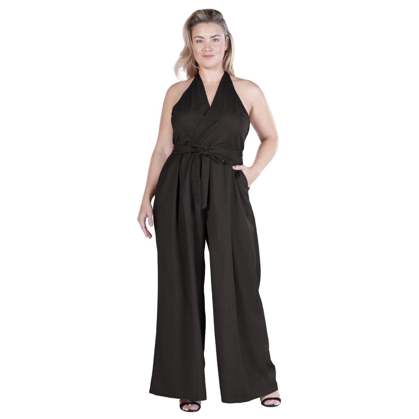 Женский комбинезон Standards & Practices Halter Smoked Waist Poplin Wide Leg Jumpsuit, цвет: Чёрный — фото 1