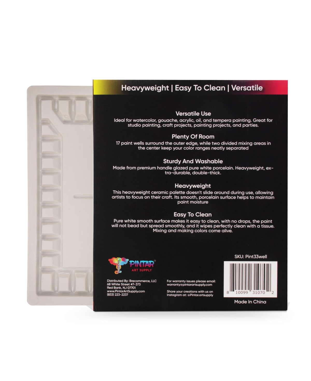 Pintar Ceramic Watercolor Paint Palette Tray - 33-Well Ceramic Palette | Large Mixing Areas - 13.5 x 10.8 Paint Pallet