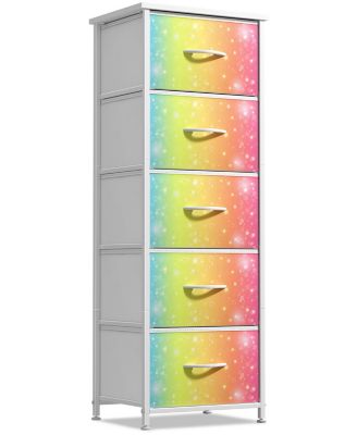 Narrow 5 Drawers Nightstand with Steel Frame, Wood Top, Easy Pull Fabric Bins