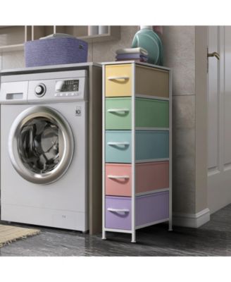 Narrow Dresser with 5 Drawers - Steel Frame, Wood Top & Easy Pull Fabric Bins