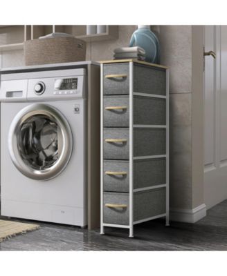 Narrow Dresser with 5 Drawers - Steel Frame, Wood Top & Easy Pull Fabric Bins