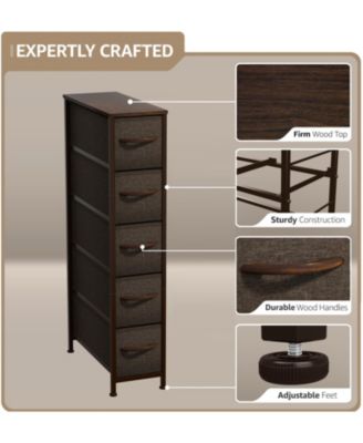 Narrow Dresser with 5 Drawers - Steel Frame, Wood Top & Easy Pull Fabric Bins