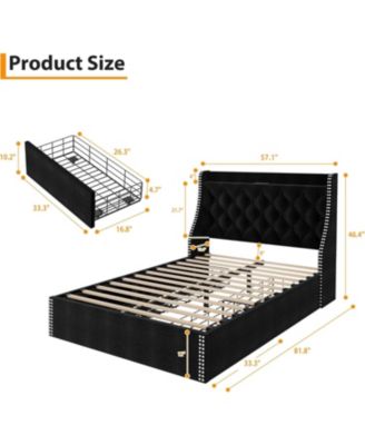 Wingback Headboard 4-Drawer Velvet Upholstered Platform Bed Frame with Charging Station